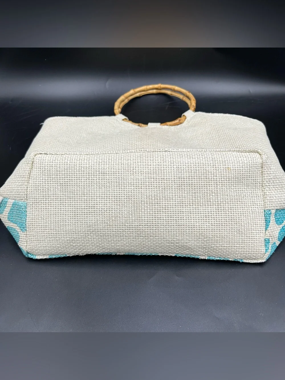 Vintage Bamboo Handle Handbag Blue White Straw Raffia Bow Beach Purse Bag